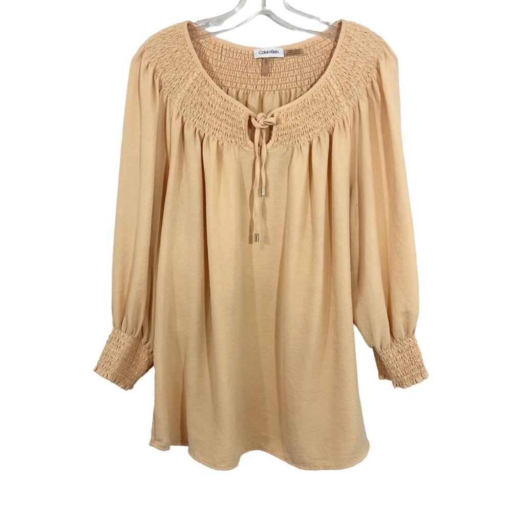 Calvin Klein Orange Smocked Peasant Top Long Sleeve Business Casual -‎ Size XL